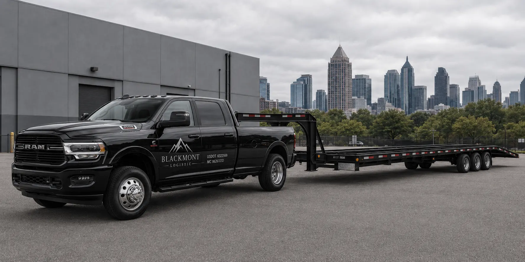 Blackmont Logistic RAM 3500 with an empty low-profile vehicle transport trailer