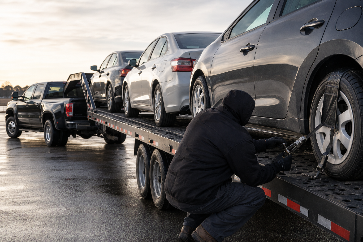 A vehicle being professionally secured for transport